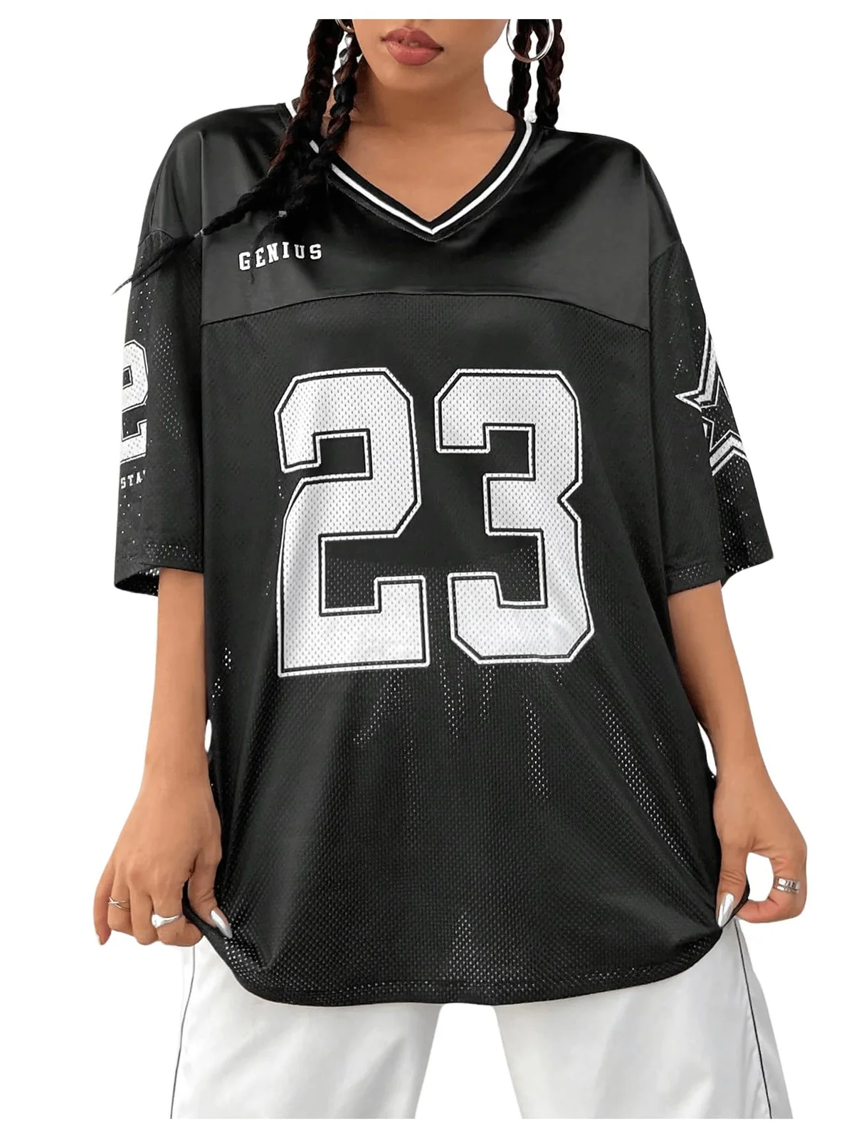 Verdusa Jersey Shirts for Women Y2K Graphic Tees Oversized Streetwear T Shirt V Neck Football Jersey